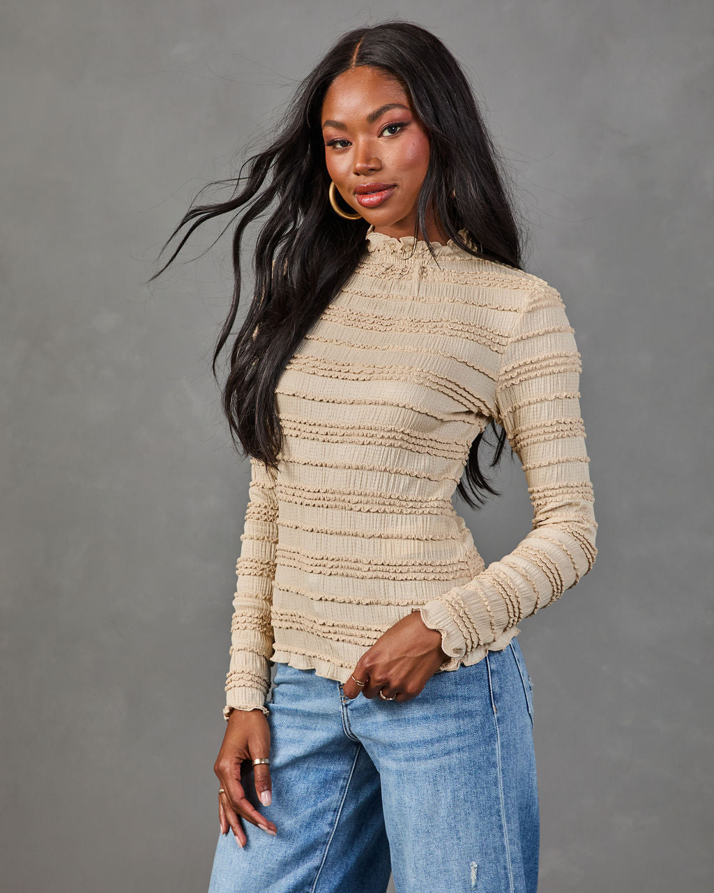 Pretty Clever Ruffle Mock Neck Top