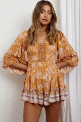 Verbena Lace-Up Bust Romper Floral Brown