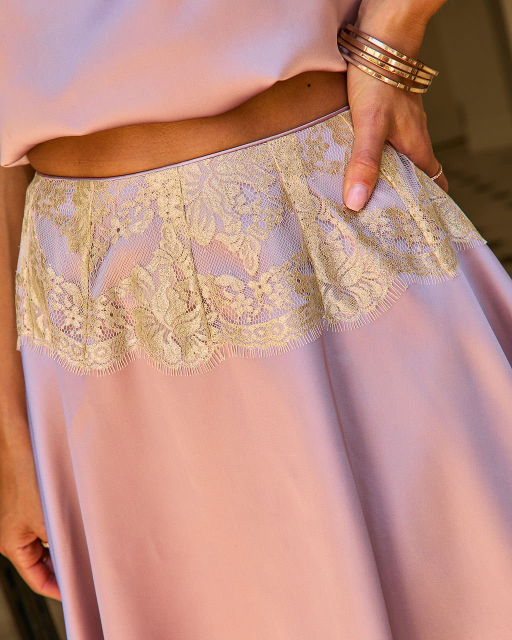 Golden Nights Satin Lace Trim Mini Skirt