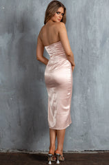 Georgette Strapless Satin Midi Dress Nude