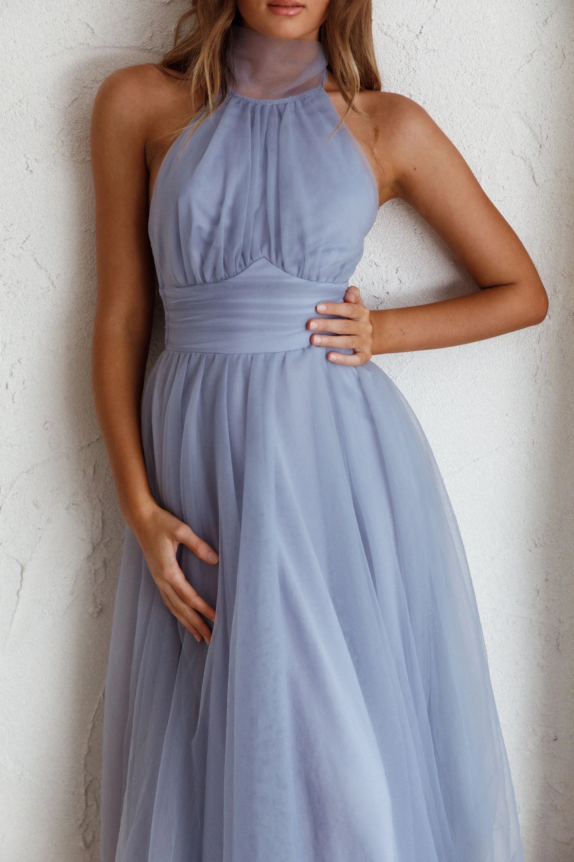 Andria Halterneck Tulle Midi Dress Blue