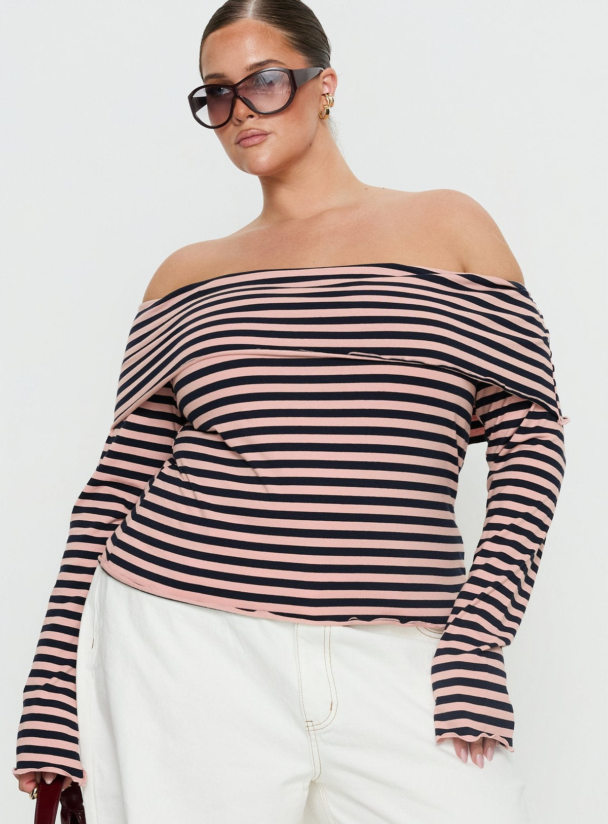Janicia Off Shoulder Top Pink Stripe Curve
