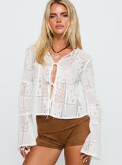 Mine For Life Crochet Long Sleeve Top White