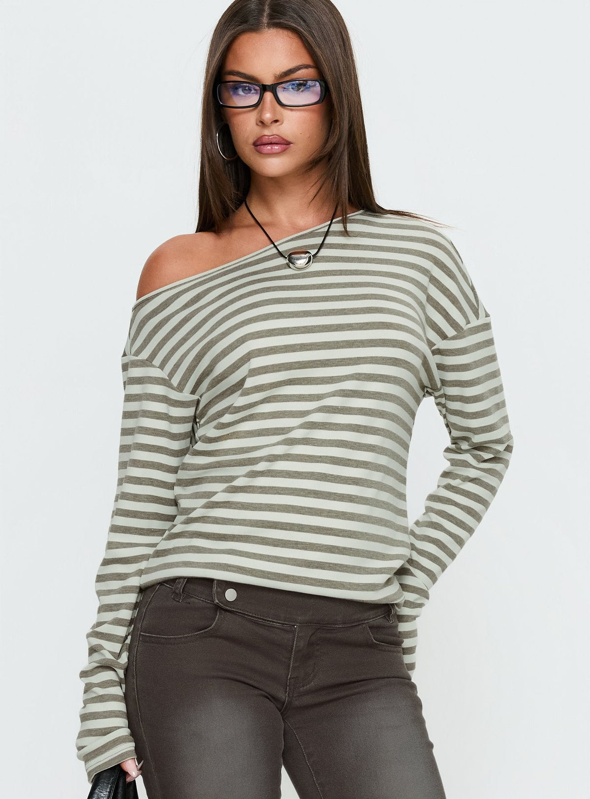 Lenorah Off Shoulder Long Sleeve Top Grey Stripe