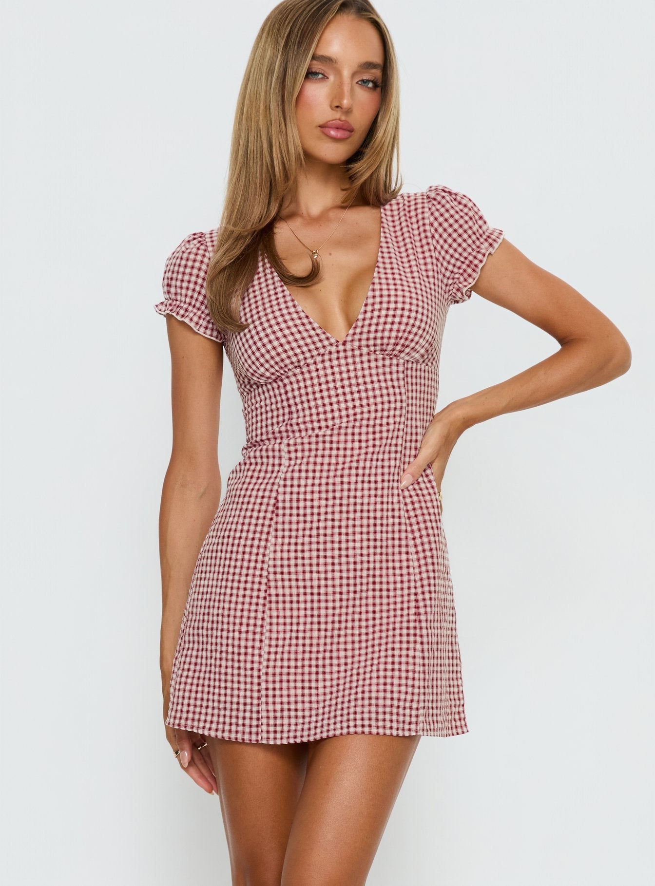 Mystee Plunge Neck Playsuit Burgundy Gingham
