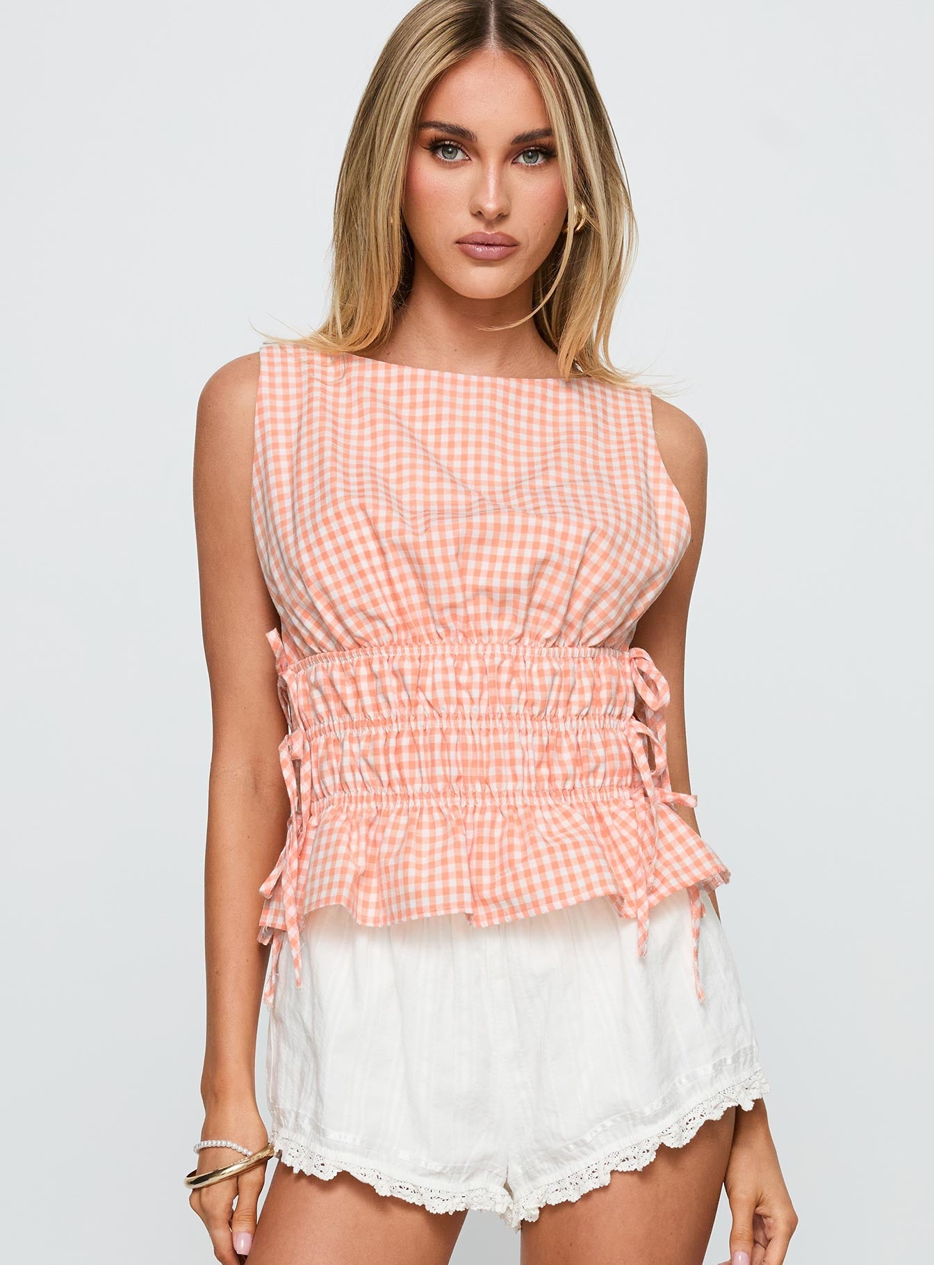 Antiqued Tie Side Top Orange Check