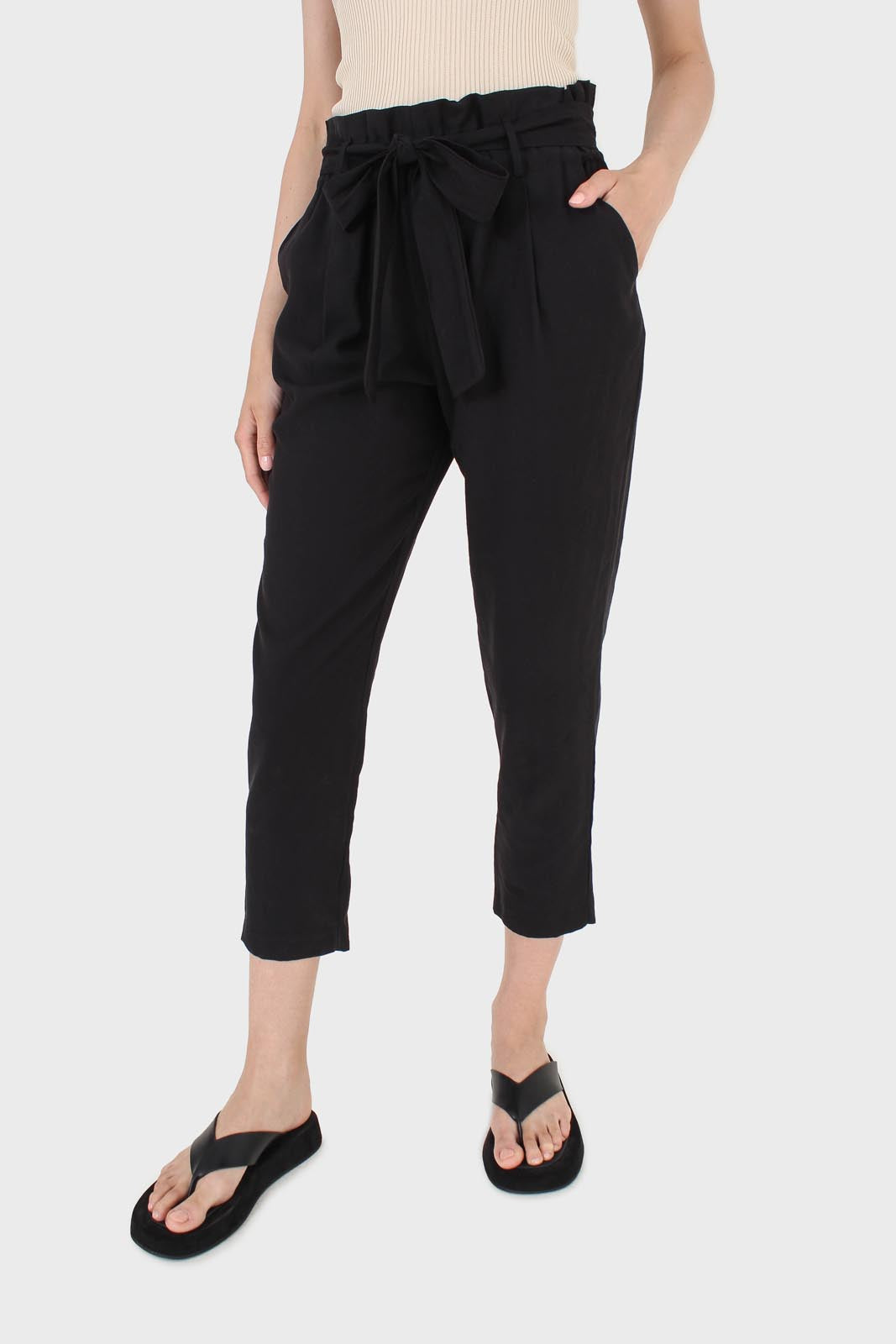 Black paper bag waist trousers