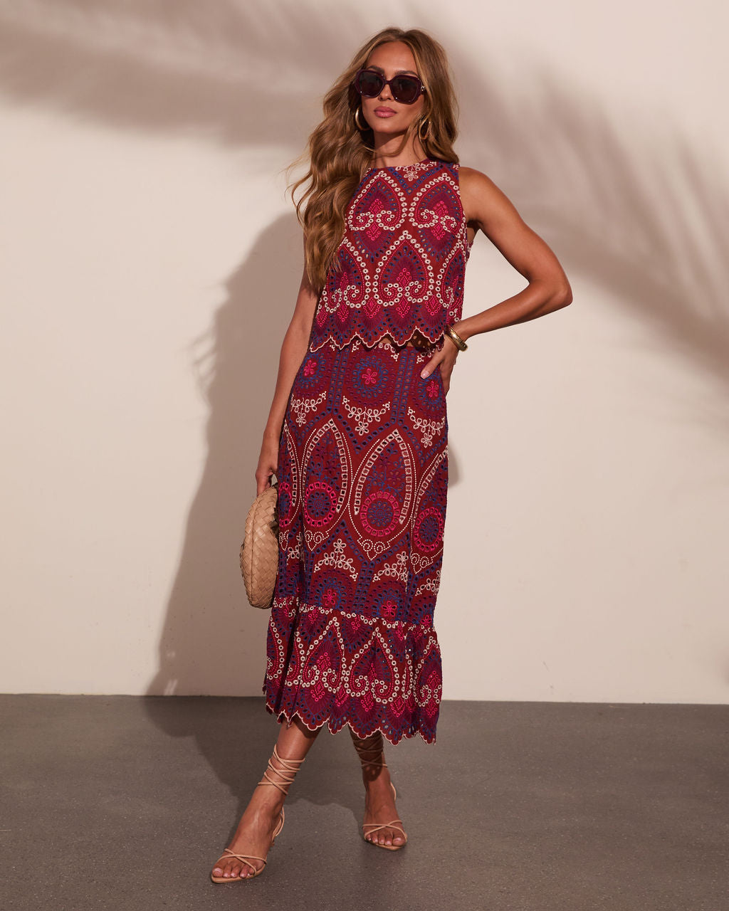 Wild Rhythm Embroidered Abstract Eyelet Midi Skirt