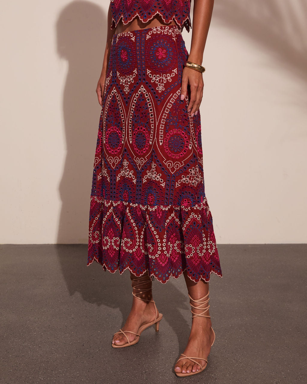 Wild Rhythm Embroidered Abstract Eyelet Midi Skirt