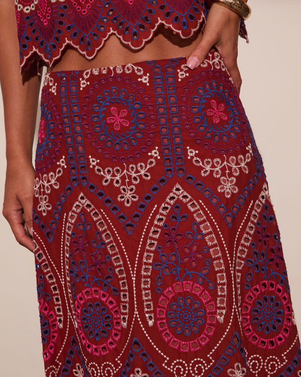 Wild Rhythm Embroidered Abstract Eyelet Midi Skirt