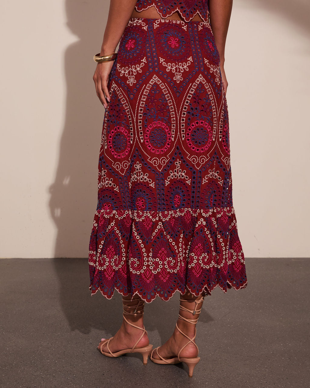 Wild Rhythm Embroidered Abstract Eyelet Midi Skirt