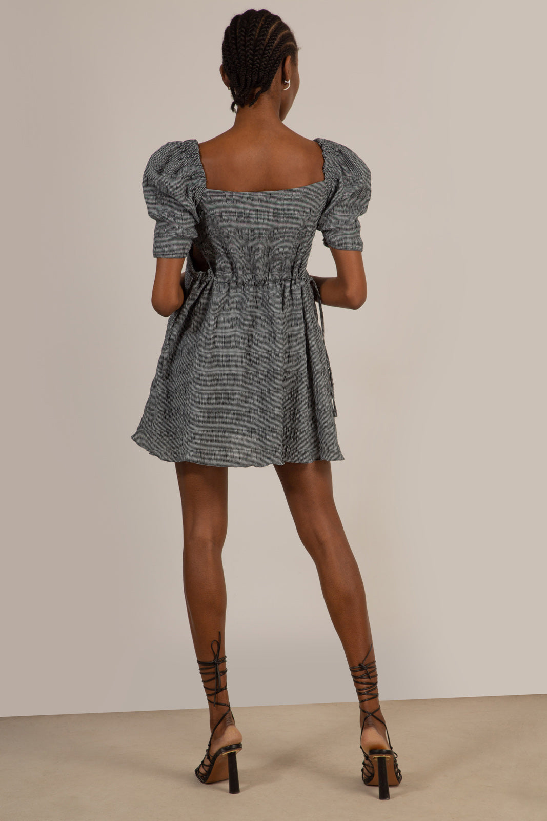 Black and white textured off shoulder mini dress