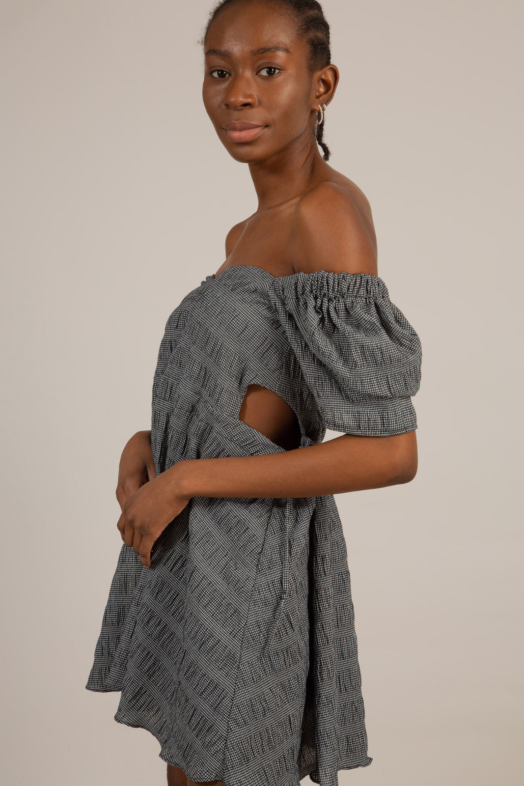 Black and white textured off shoulder mini dress