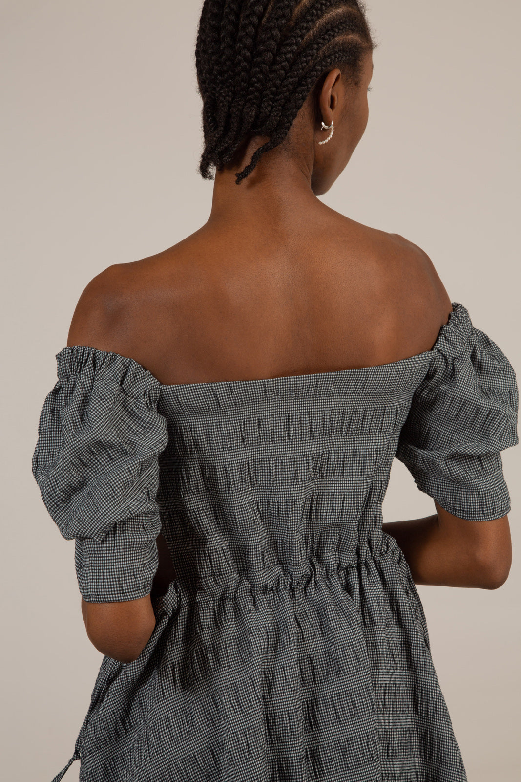 Black and white textured off shoulder mini dress