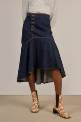 Dark blue large ruffle hi-low hem denim skirt - 807