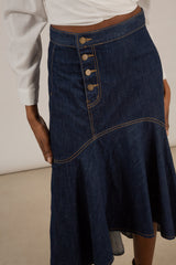 Dark blue large ruffle hi-low hem denim skirt - 807