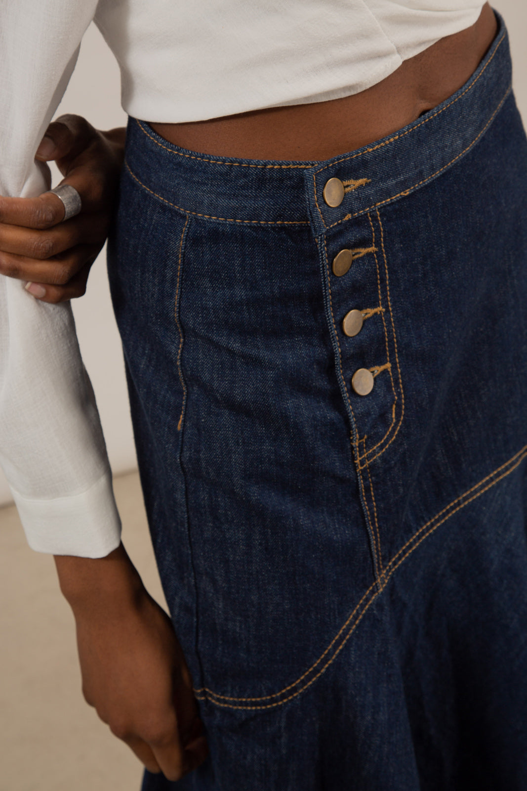 Dark blue large ruffle hi-low hem denim skirt - 807