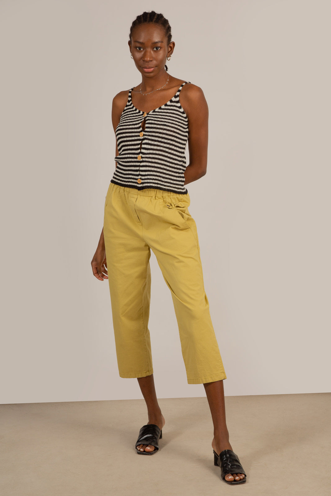 Black and white striped button up knit tank