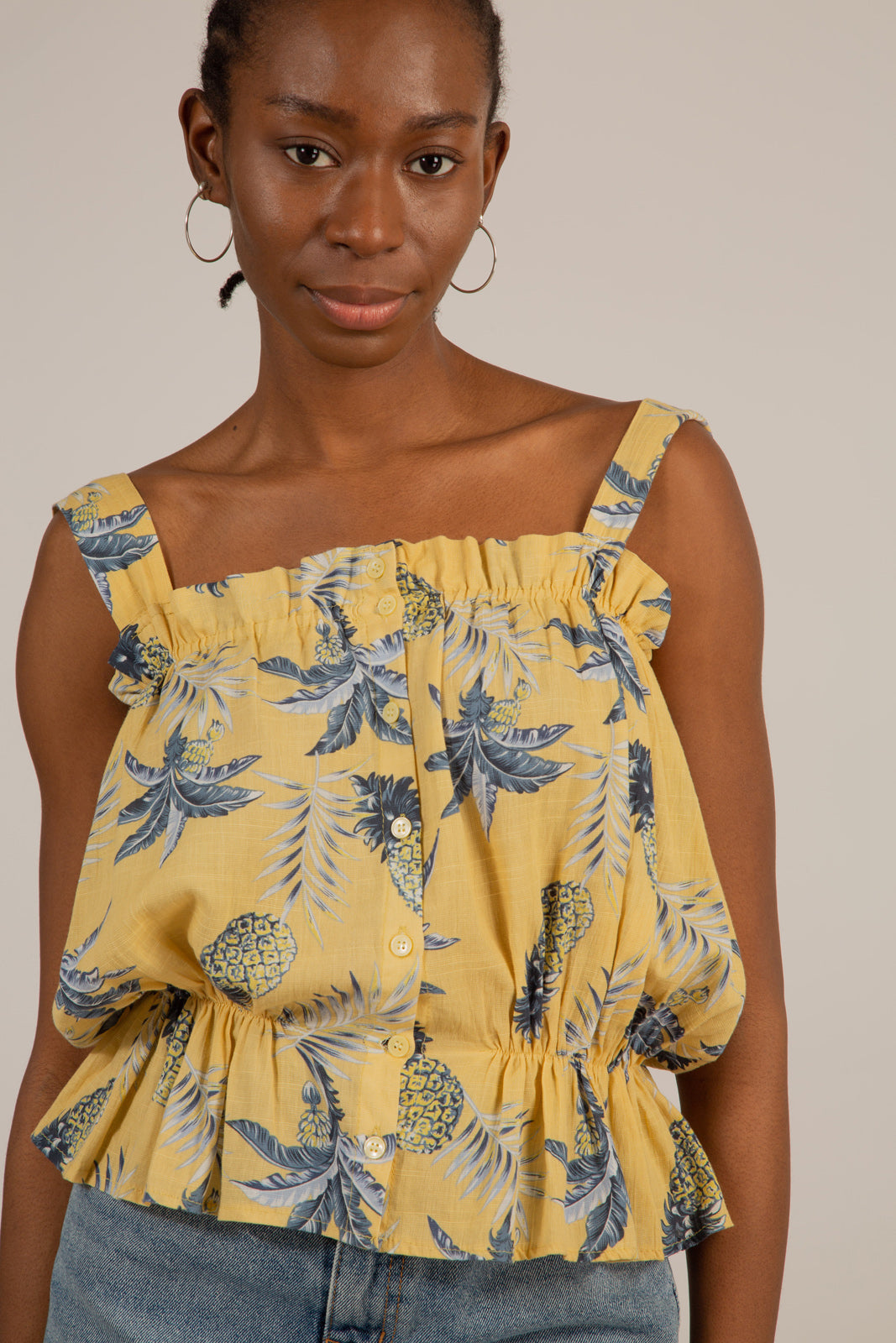 Mustard pineapple print button front tank