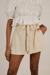Oatmeal ruched waist belted linen shorts