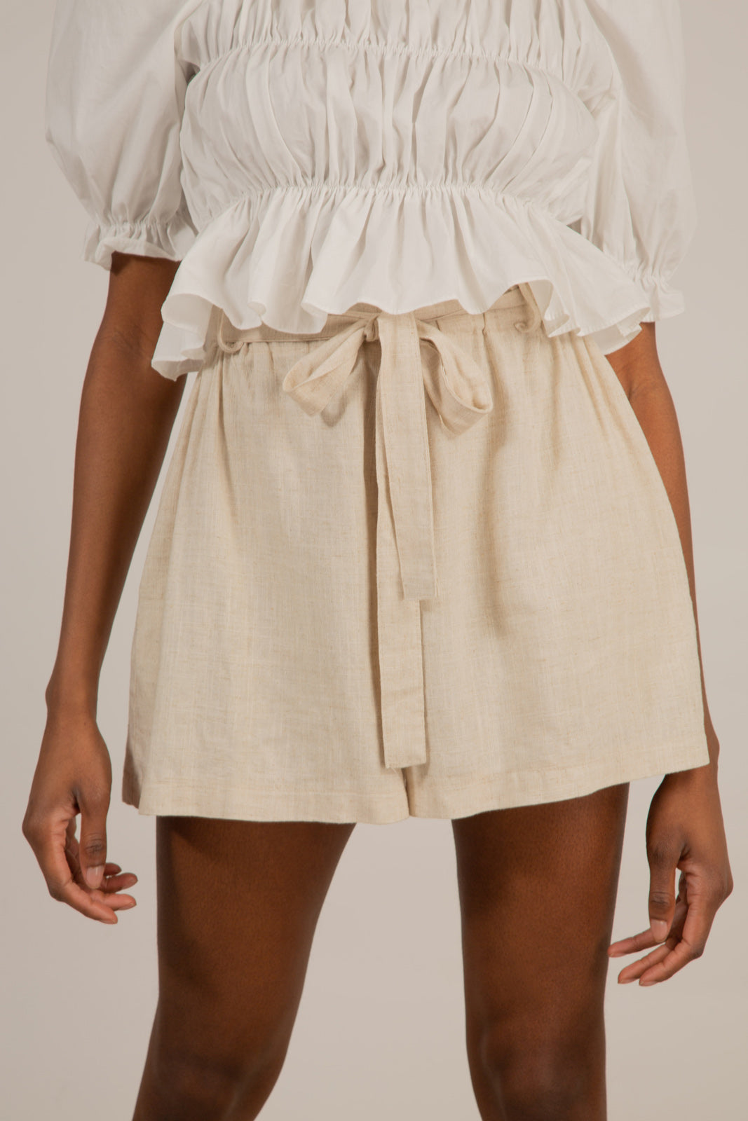 Oatmeal ruched waist belted linen shorts