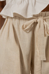Oatmeal ruched waist belted linen shorts