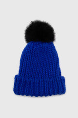 Cobalt blue ribbed black feather pom pom hat