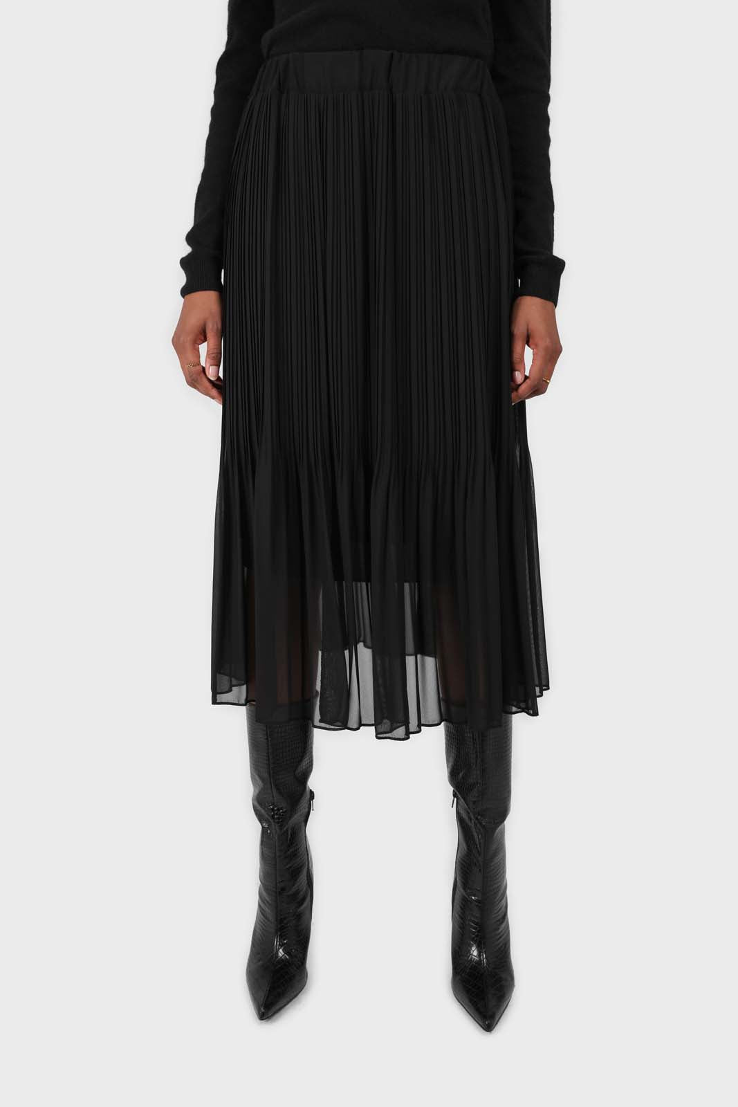 Black silky micro pleat maxi skirt