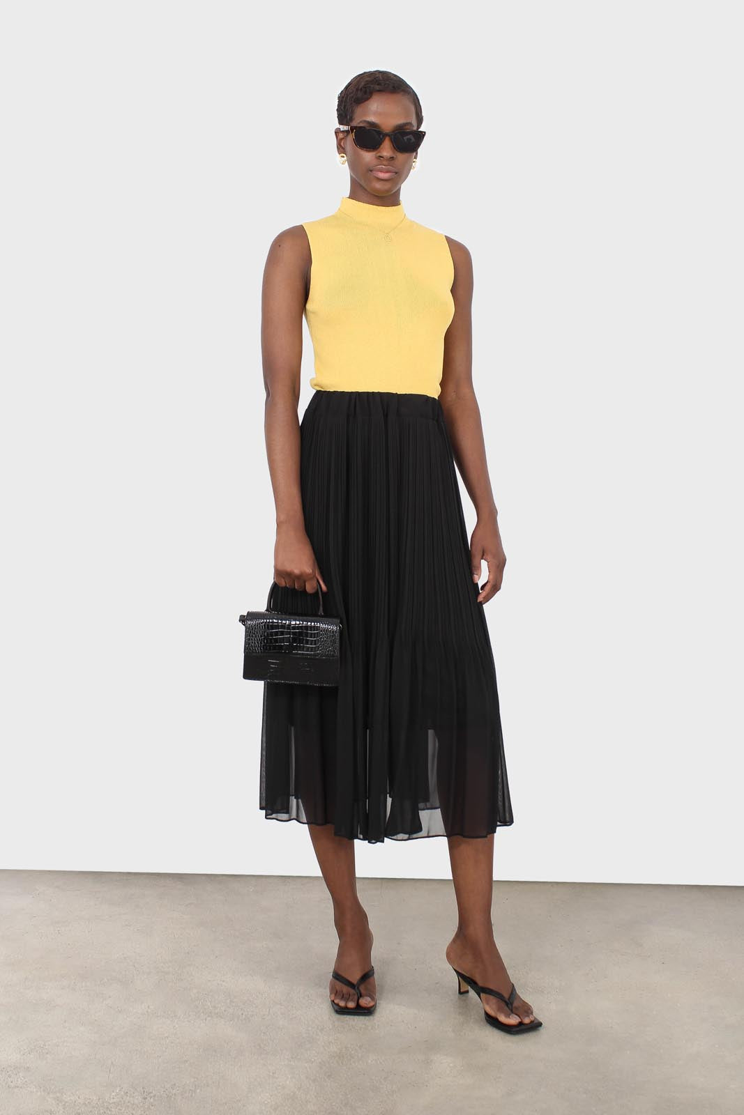 Black silky micro pleat maxi skirt