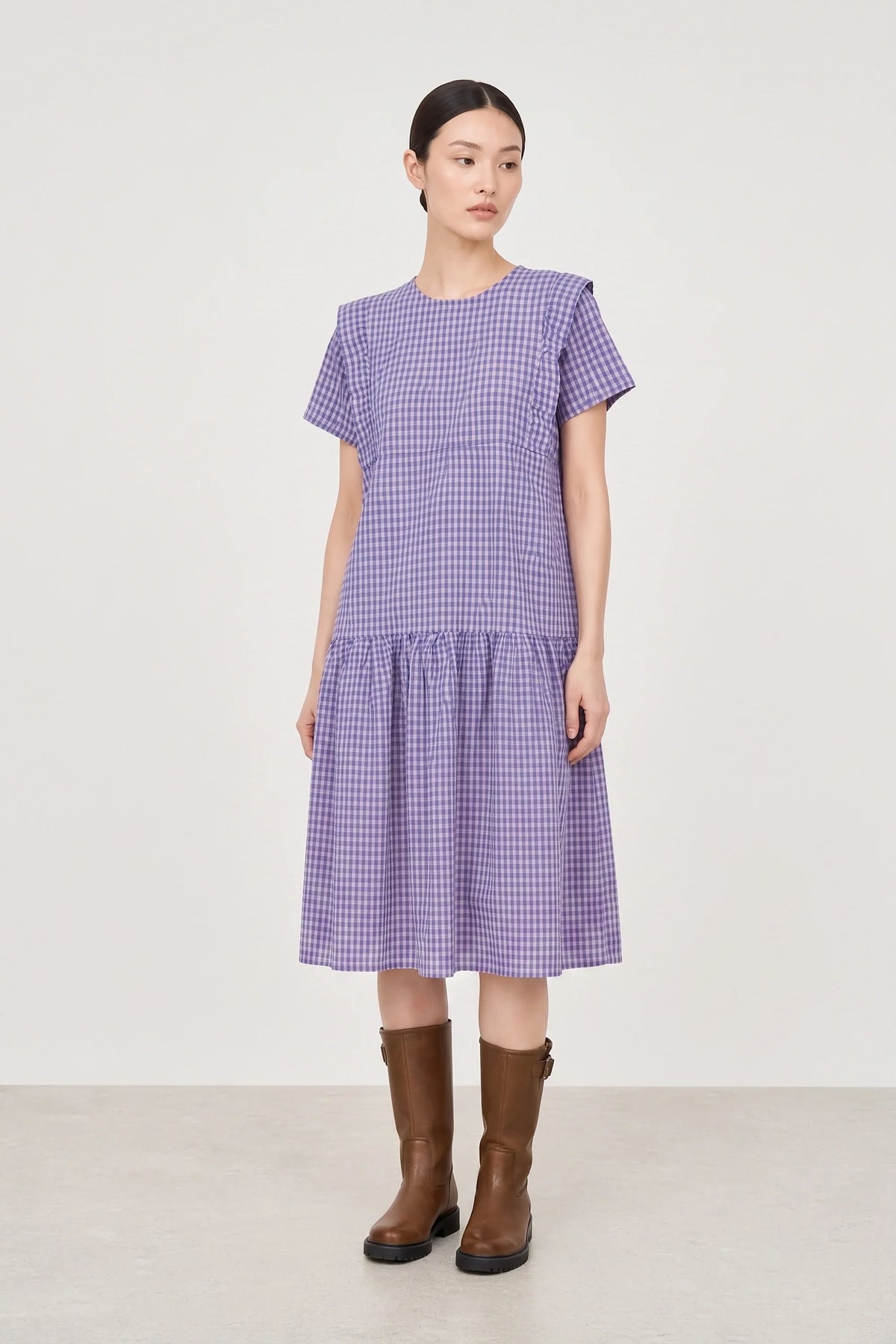 Cobalt blue and pink gingham ruffle trim dress