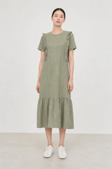 Green and pink gingham ruffle trim dress