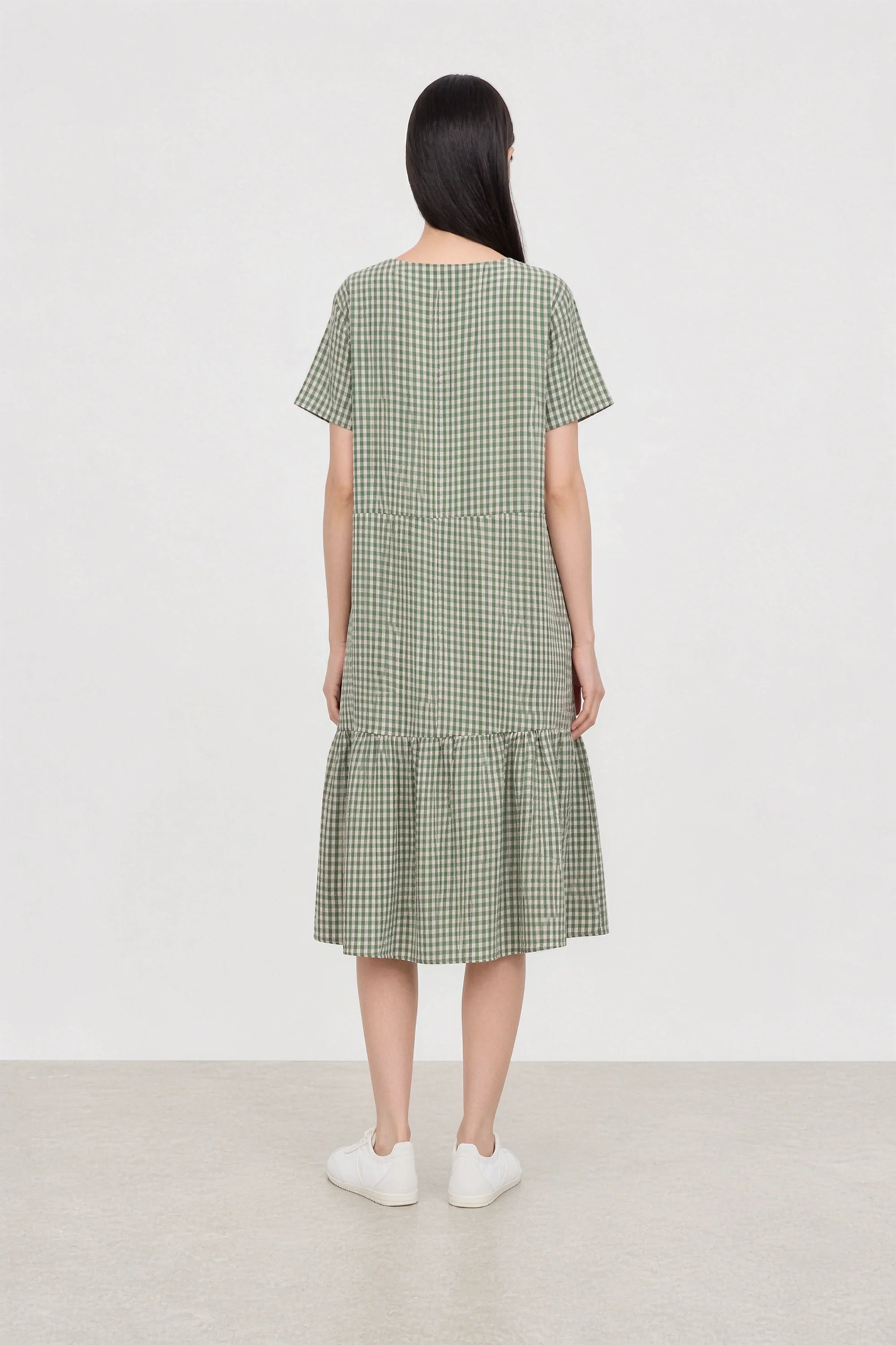 Green and pink gingham ruffle trim dress