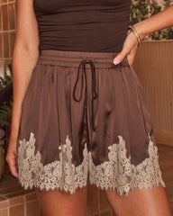 Saltwater Sky Drawstring Satin Lace Trim Shorts