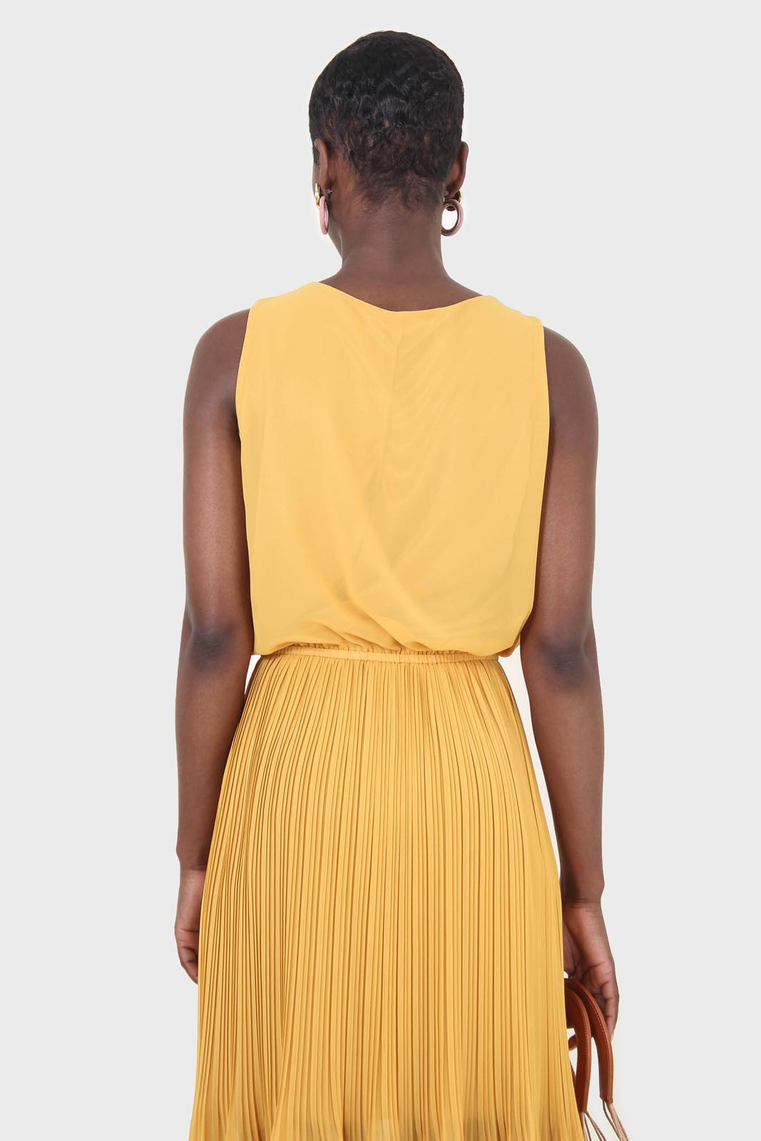 Mustard silky micro pleat maxi dress