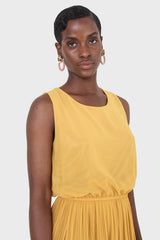 Mustard silky micro pleat maxi dress