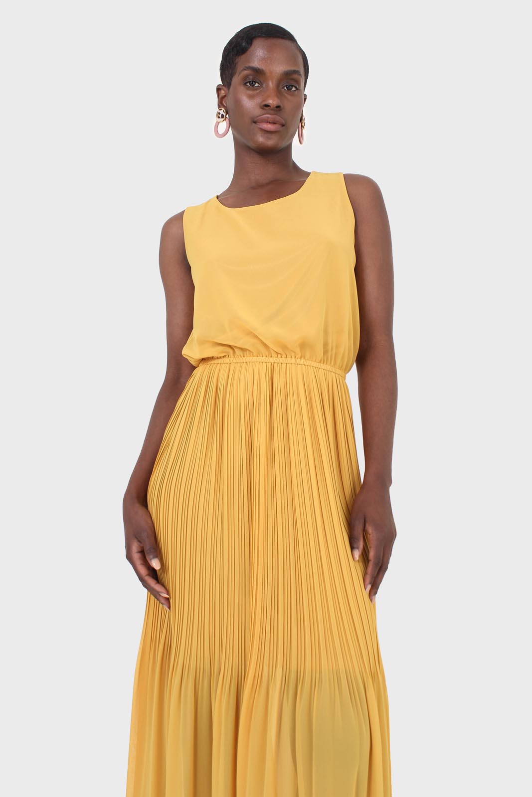 Mustard silky micro pleat maxi dress