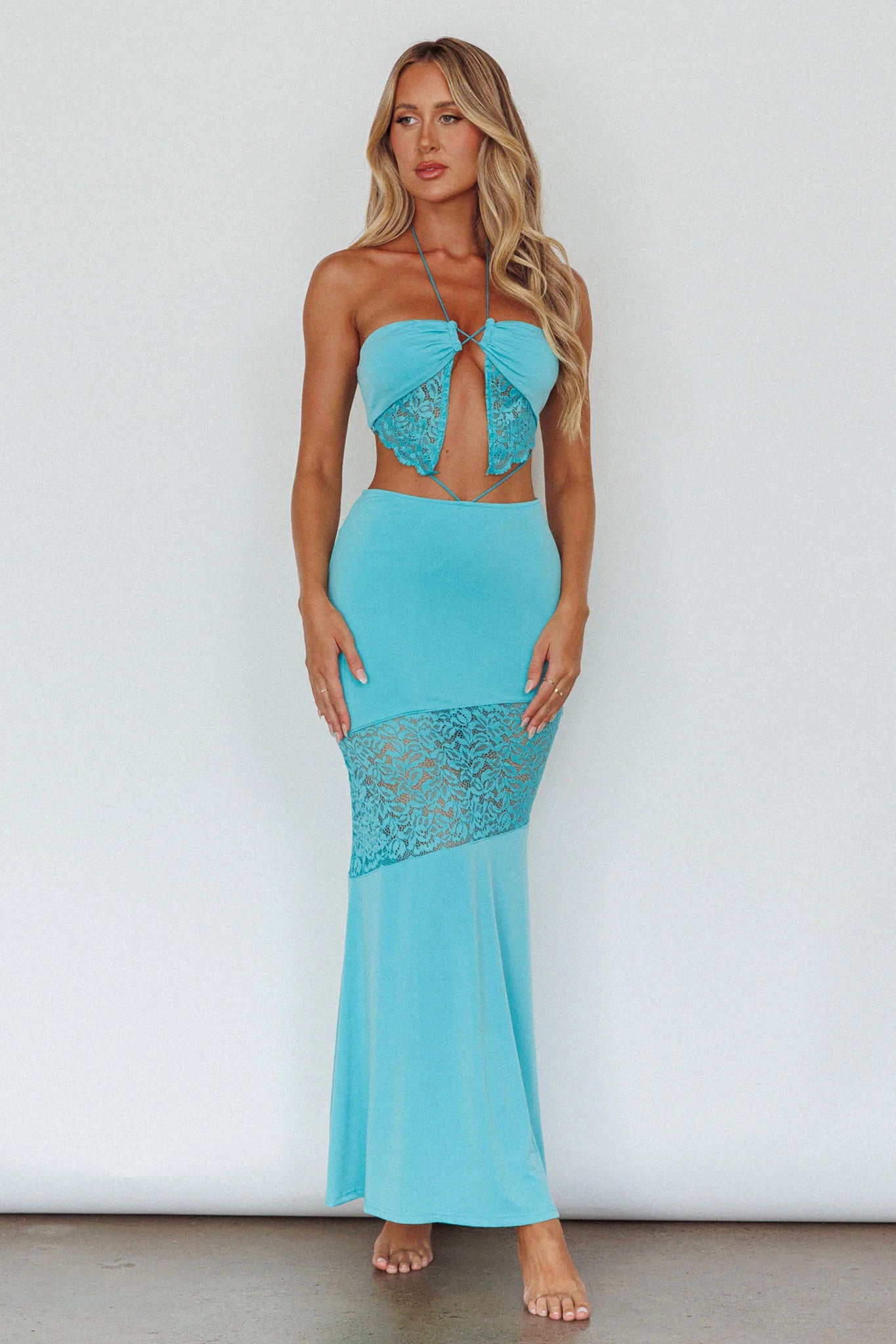 Florida Lace Insert Cut-Out Maxi Dress Blue