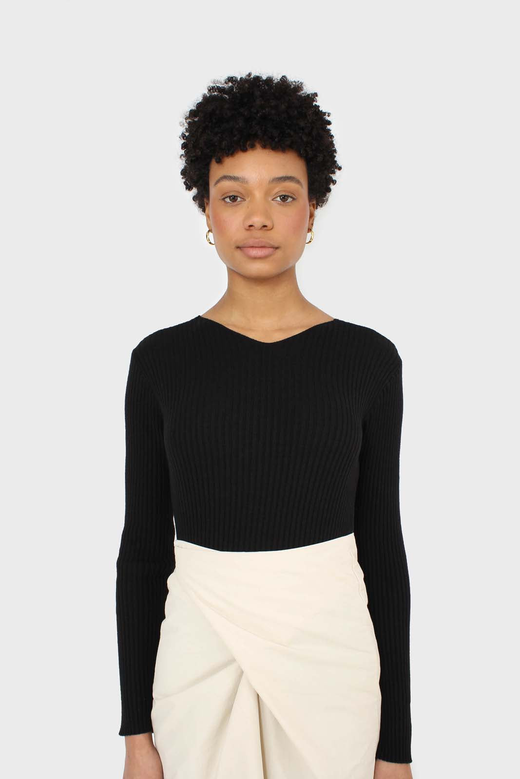 Black ribbed double V fitted knit top