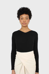 Black ribbed double V fitted knit top