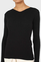 Black ribbed double V fitted knit top