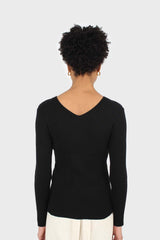 Black ribbed double V fitted knit top