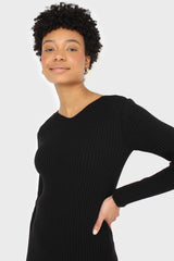 Black ribbed double V fitted knit top