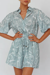 Tiki Puff Sleeve Drawstring Romper Print Sage
