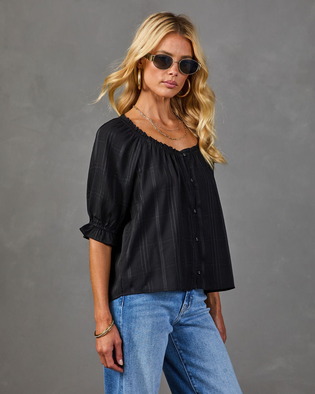 Slow Light Plaid Windowpane Pleated Blouse