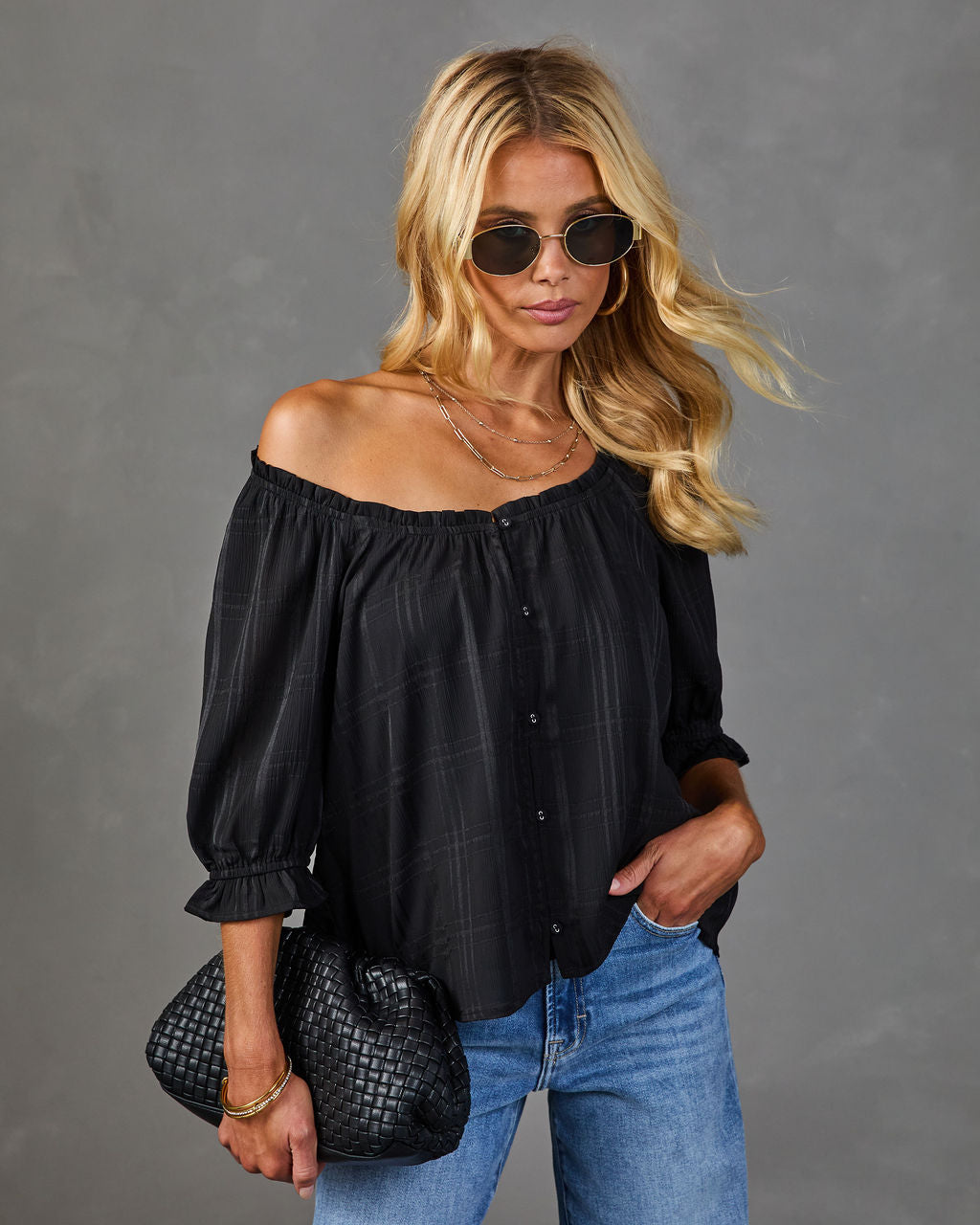 Slow Light Plaid Windowpane Pleated Blouse