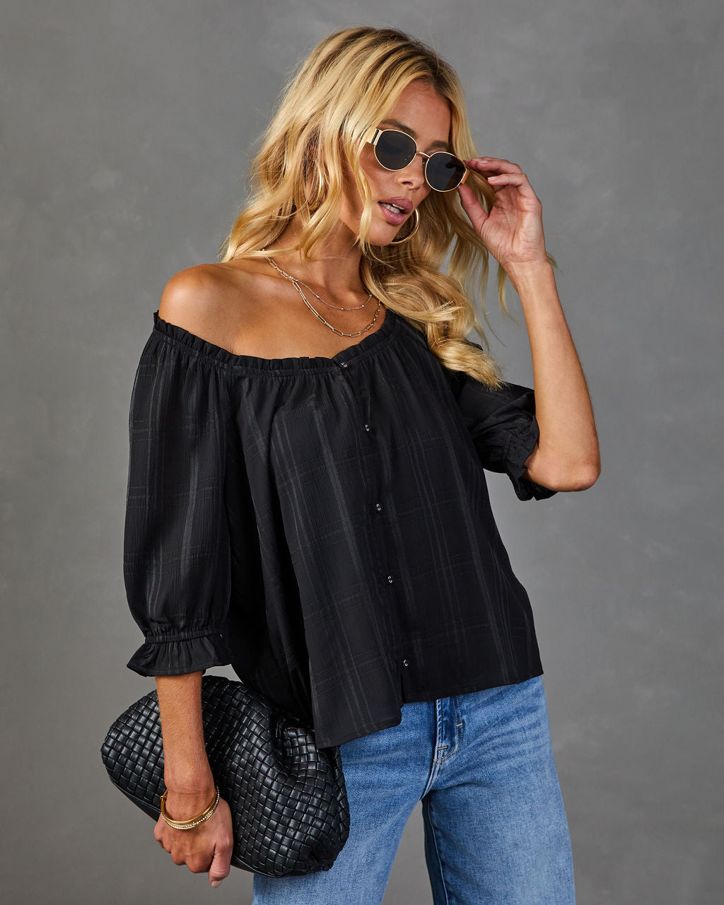 Slow Light Plaid Windowpane Pleated Blouse