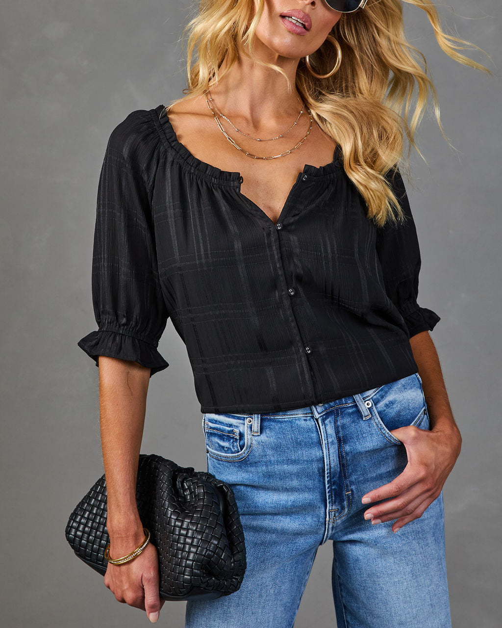 Slow Light Plaid Windowpane Pleated Blouse