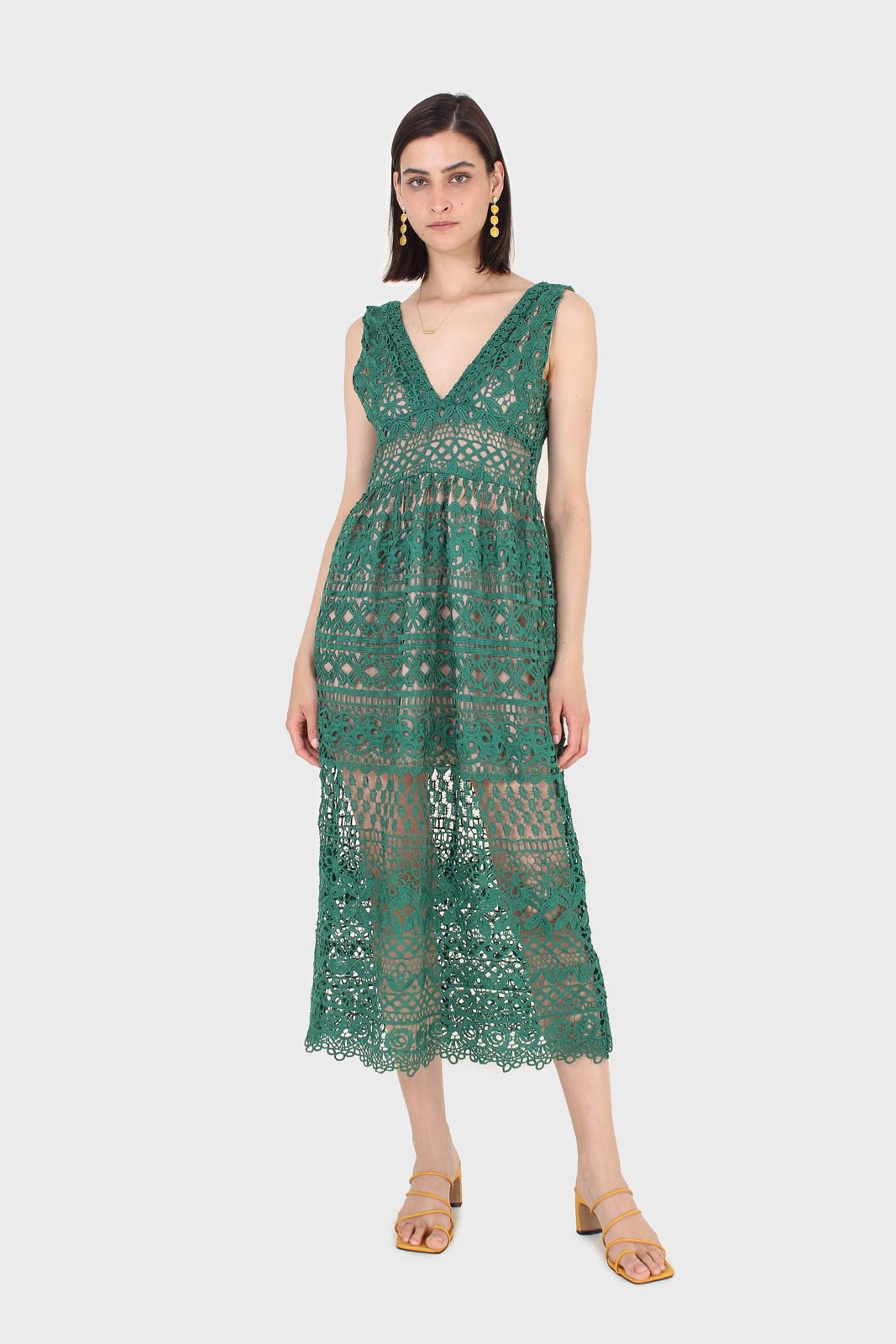 Green and nude deep V lace maxi dress
