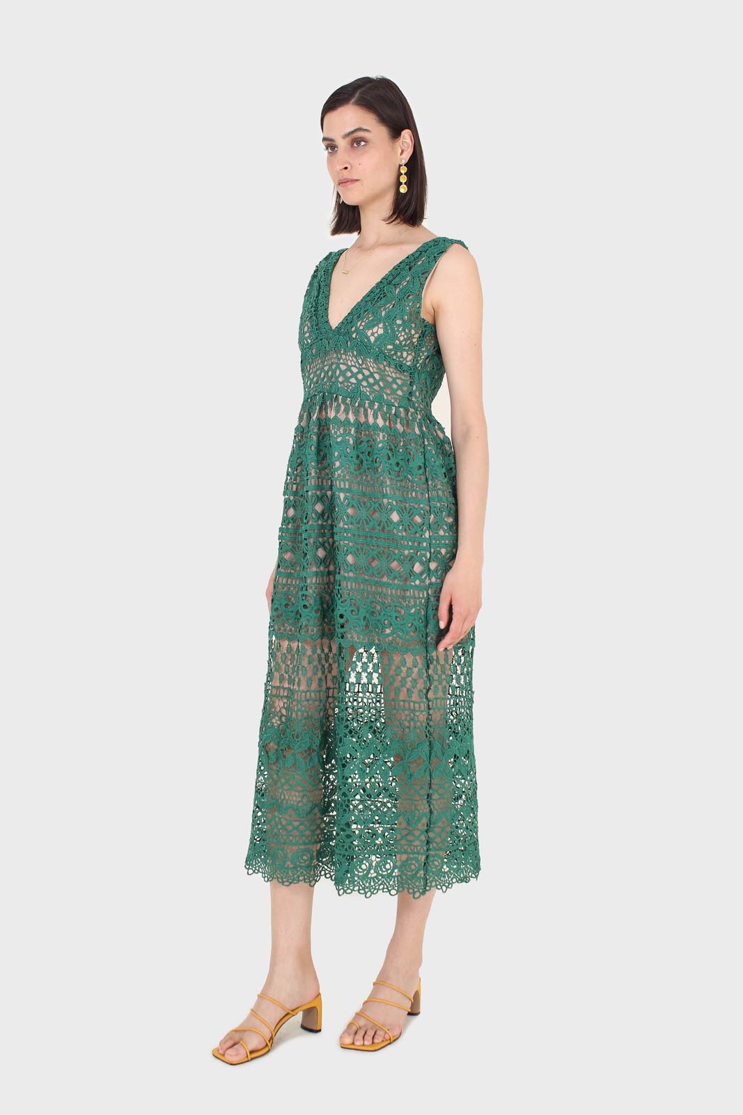 Green and nude deep V lace maxi dress