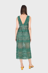 Green and nude deep V lace maxi dress